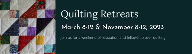 A banner image for WCRC's 2023 quilting retreats in Williamsburg, Virginia